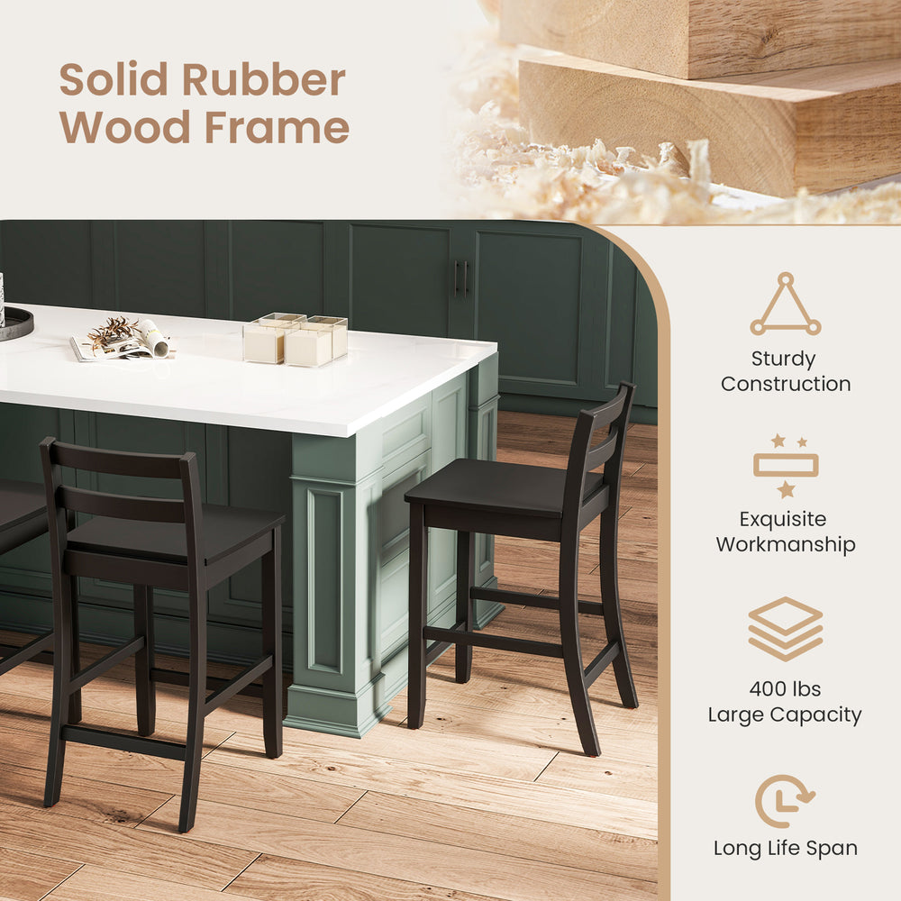 Black wooden bar stools set of 2 with ergonomic backrest and footrest, solid rubber wood frame for 400 lbs capacity.