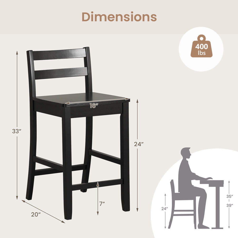 Black wooden bar stool dimensions showing 24-inch seat height, ergonomic backrest, and sturdy design for 400 lbs.