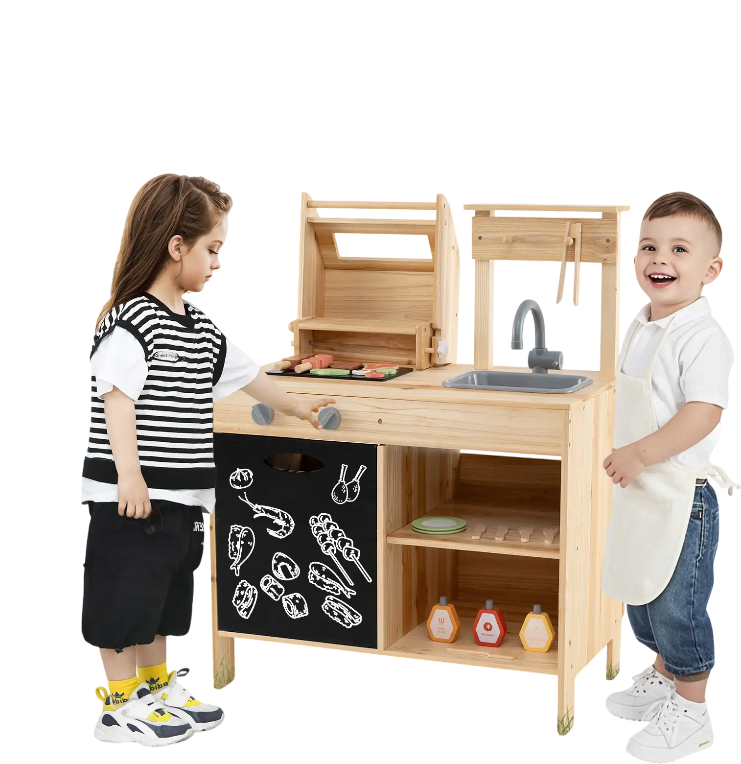 Costway Wooden Barbecue Grill Playset Chalkboard Sink Cabinet 958127643 New