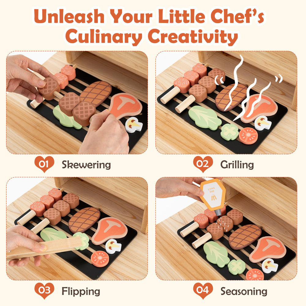 Wooden barbecue grill playset with accessories, featuring a chalkboard and sink for realistic cooking fun.