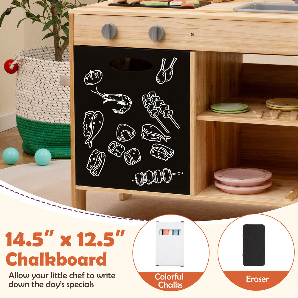 Wooden barbecue grill playset with chalkboard, featuring storage and 25 BBQ accessories for imaginative play.