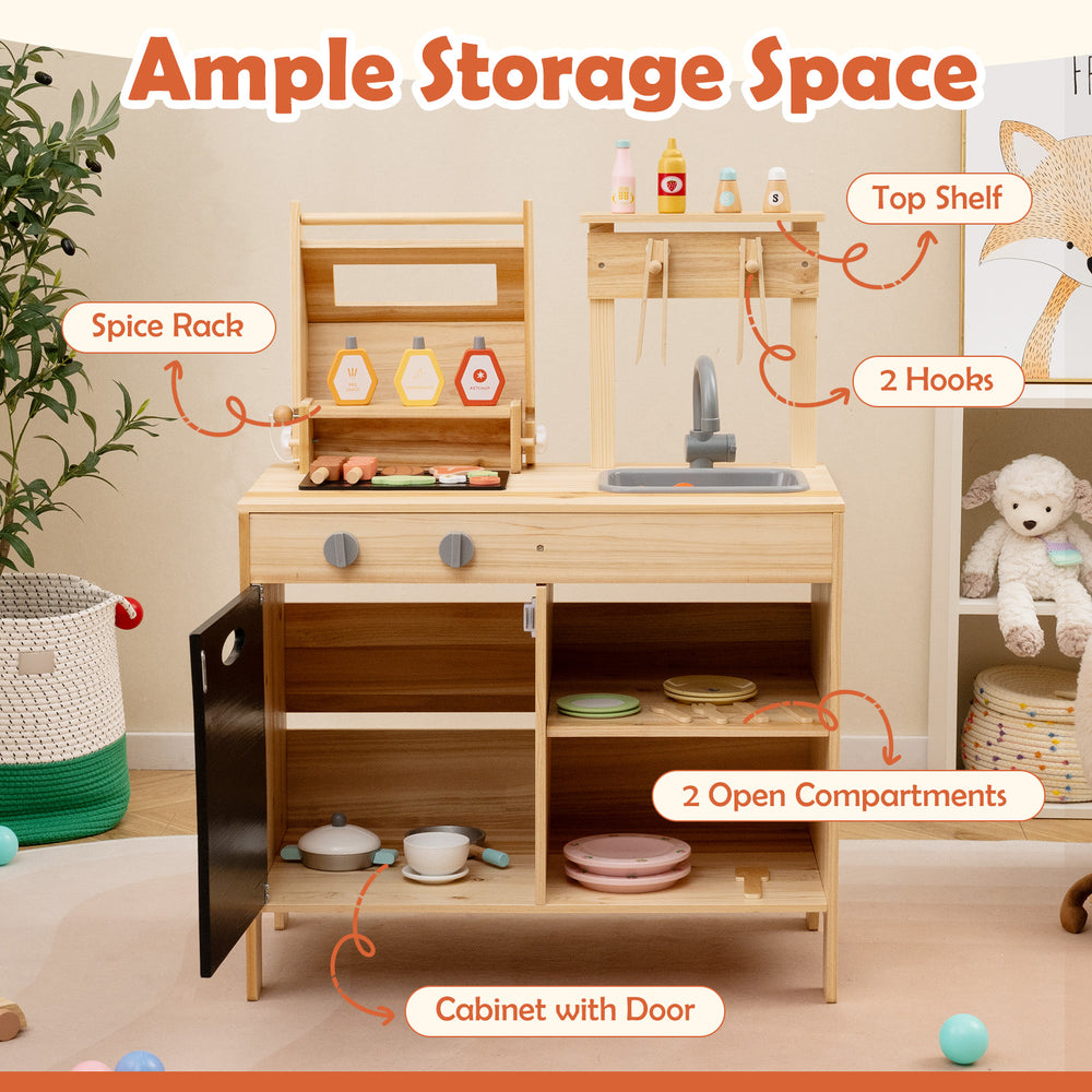 Wooden barbecue grill playset with sink and cabinet, featuring ample storage and a chalkboard for creative play.