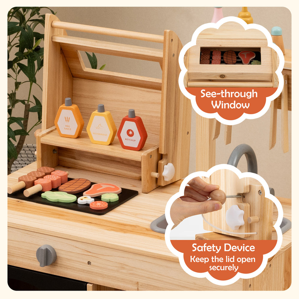 Wooden barbecue grill playset featuring a safety device, see-through window, and 25 BBQ accessories for kids.