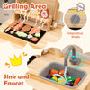 Wooden barbecue grill playset featuring a sink and faucet, interactive knobs, and 25 BBQ accessories for imaginative.