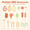 Wooden barbecue grill playset with 25 accessories, including skewers and sauces, for realistic outdoor cooking fun.