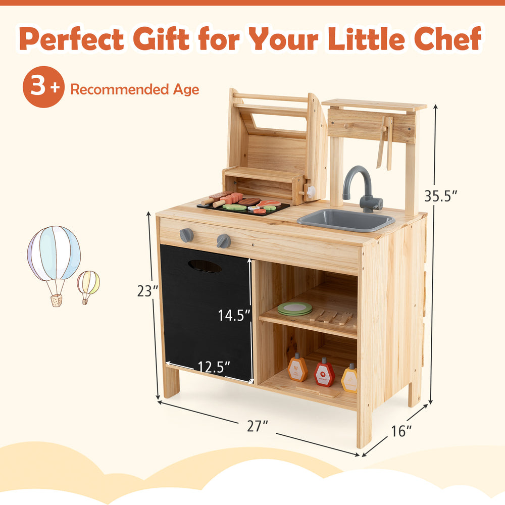 Wooden barbecue grill playset with sink and chalkboard, featuring 25 accessories for kids aged 3+, perfect for.