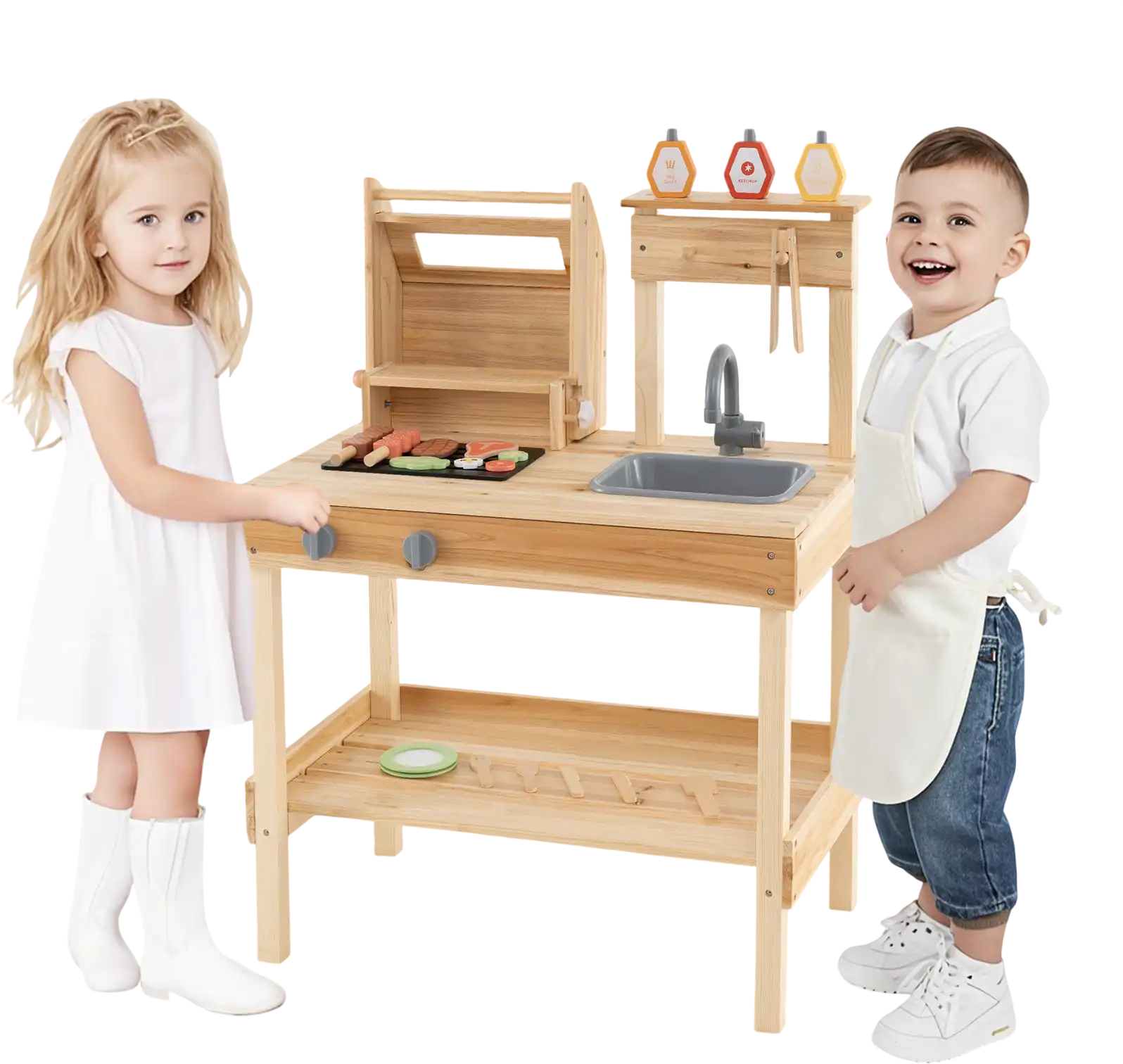 Costway Wooden Barbecue Grill Playset Play Food Open Shelves 597813624 New