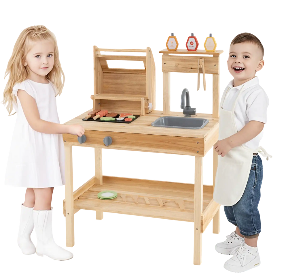 Wooden barbecue grill playset with play food, featuring open shelves and kids playing, ideal for outdoor fun.