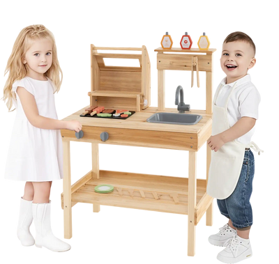 Costway Wooden Barbecue Grill Playset Play Food Open Shelves 597813624 New
