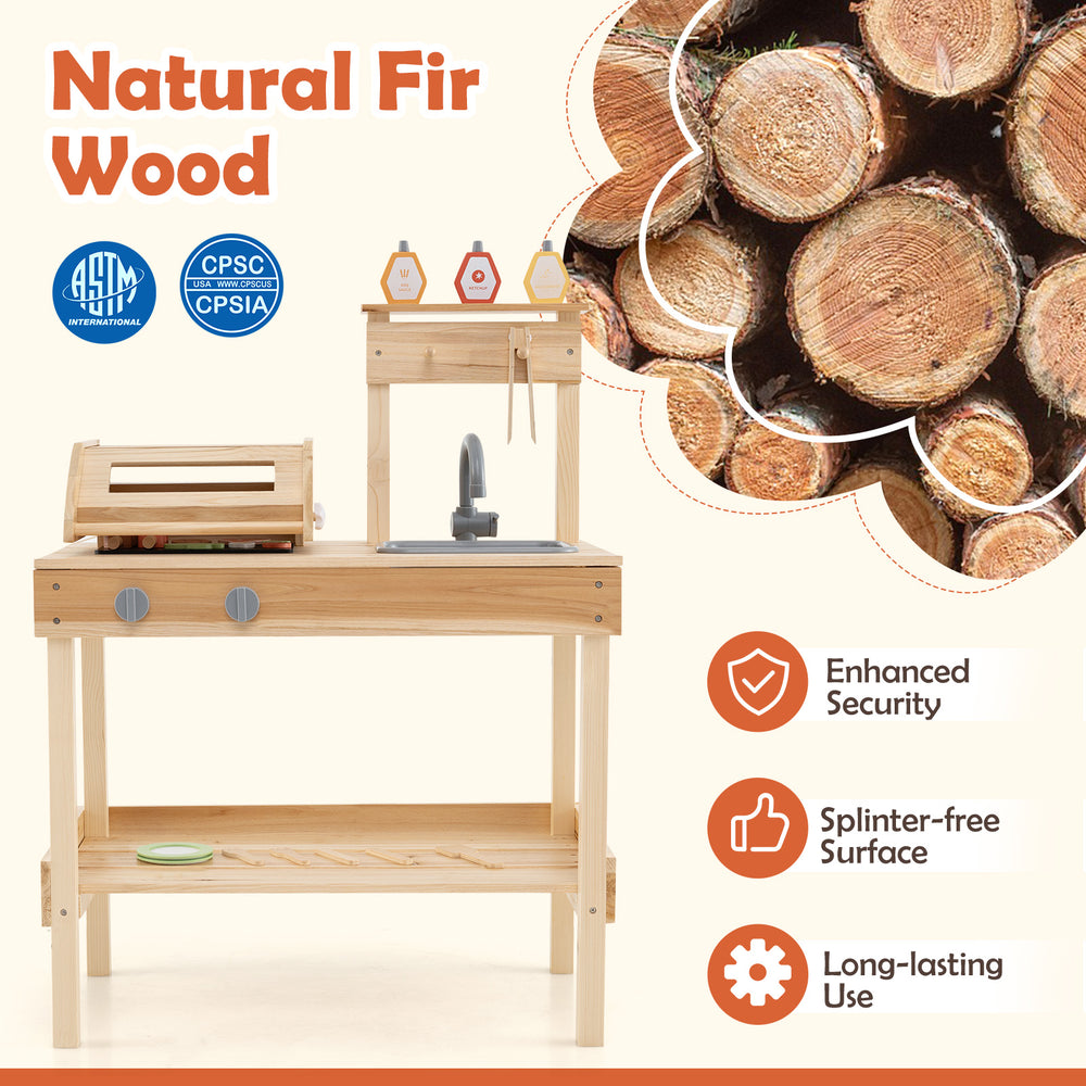 Wooden Barbecue Grill Playset made of natural fir wood with open shelves and 25 BBQ accessories for kids' imaginative.