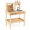 Wooden barbecue grill playset with sink, open shelves, and 25 BBQ accessories for realistic play in natural finish.