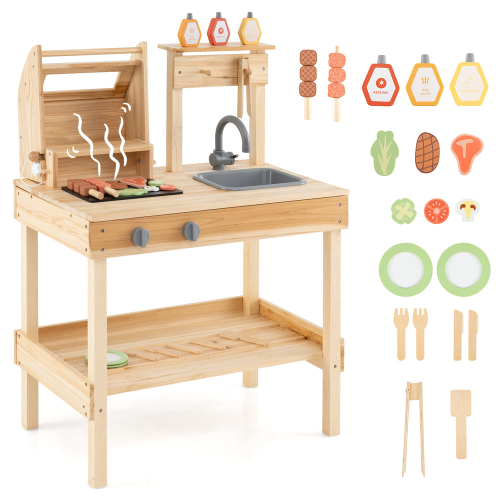 Wooden barbecue grill playset with play food, sink, and open shelves for realistic cooking fun in playrooms or.