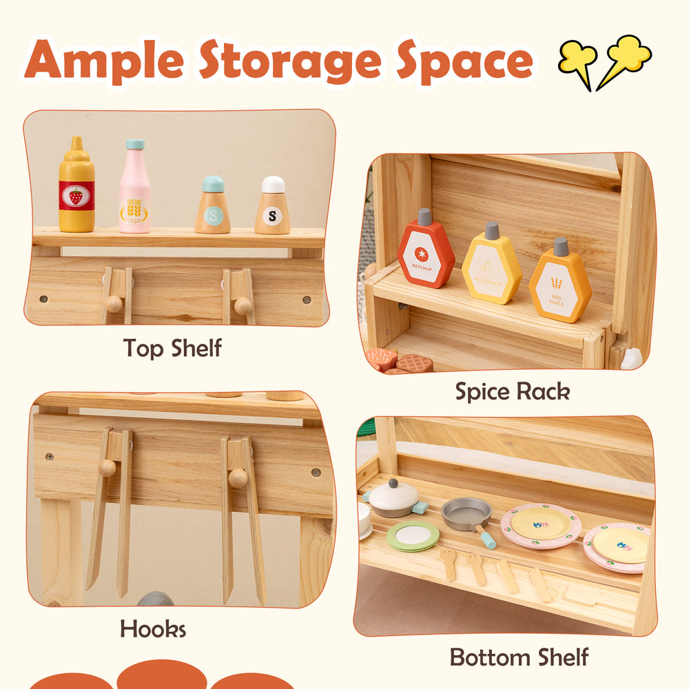 Wooden barbecue grill playset featuring ample storage with top shelf, spice rack, hooks, and bottom shelf for organized.