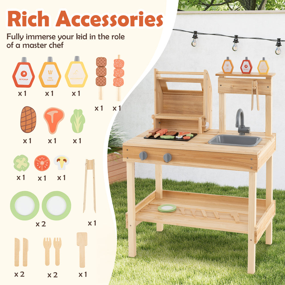 Wooden barbecue grill playset with realistic accessories, open shelves, and solid wood construction for kids aged 3+.