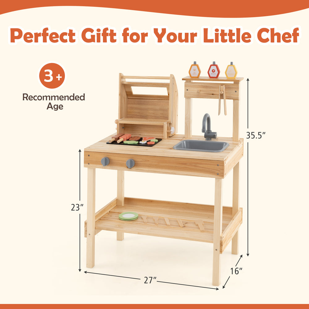 Wooden barbecue grill playset with play food, open shelves, and realistic accessories for kids aged 3+, perfect for.