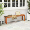Backless wooden bench with teak oil finish, slatted design for ventilation, perfect for outdoor patios or balconies.