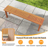 Long wooden bench with slatted design and teak oil finish, perfect for stylish outdoor seating and easy maintenance.