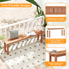 Backless wooden bench with slatted seat design, teak oil finish, ideal for outdoor patios and easy to clean.