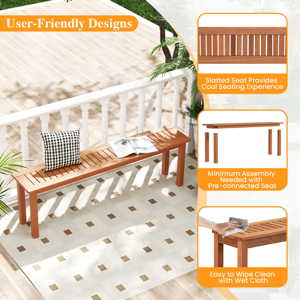 Backless wooden bench with slatted seat design, teak oil finish, ideal for outdoor patios and easy to clean.
