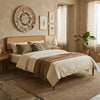 Boho rattan headboard wooden bed frame in brown with acacia wood slats, perfect for twin, full, or queen mattresses.
