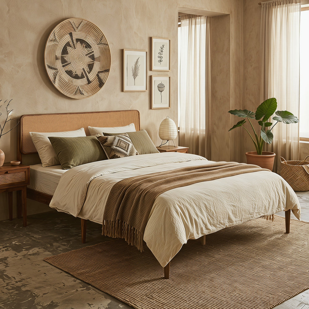 Boho rattan headboard wooden bed frame in brown with acacia wood slats, perfect for twin, full, or queen mattresses.
