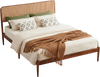 Platform bed frame featuring a boho rattan headboard and solid acacia wood, designed with 9 support legs for stability.
