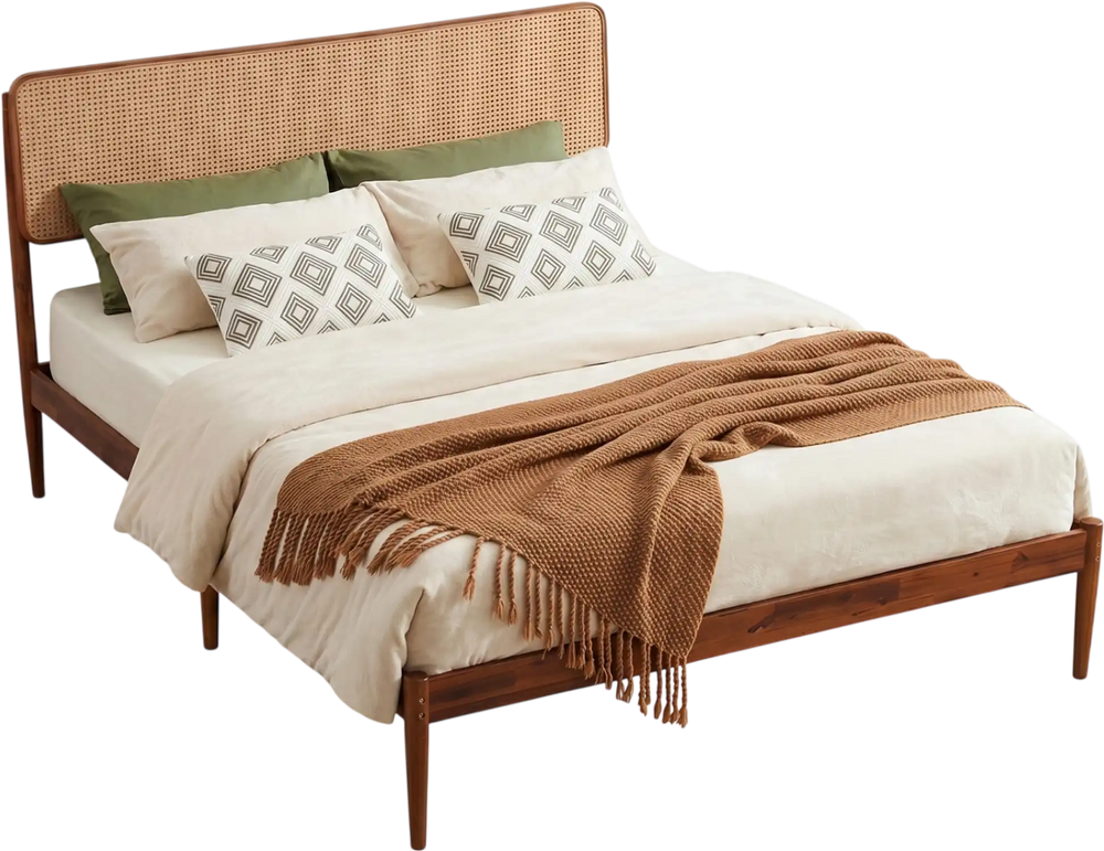 Platform bed frame featuring a boho rattan headboard and solid acacia wood, designed with 9 support legs for stability.