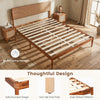 Wooden bed frame with boho rattan headboard, acacia wood slats, and 10" under-bed clearance for storage.