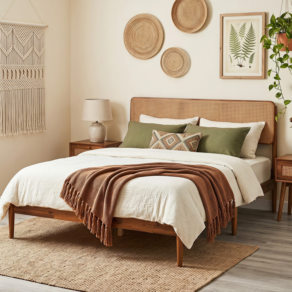 Boho rattan headboard wooden bed frame in brown, featuring acacia wood construction and slatted support for mattress stability.
