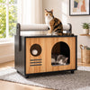 Wooden cat house with scratching post and removable cushion, featuring a playful design for interactive fun and comfort.
