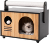Wooden cat house with scratching post in black, featuring a cozy hideaway and removable cushion for playful comfort.