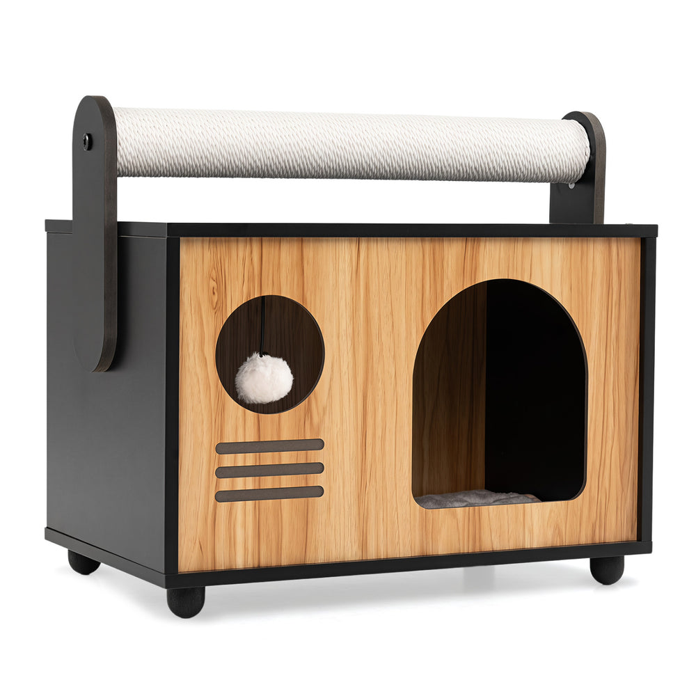 Wooden cat house with scratching post, removable cushion, and waterproof surface for easy cleanup and comfort.