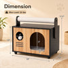 Wooden cat house with scratching post, featuring a waterproof surface and removable cushion for easy cleaning and comfort.