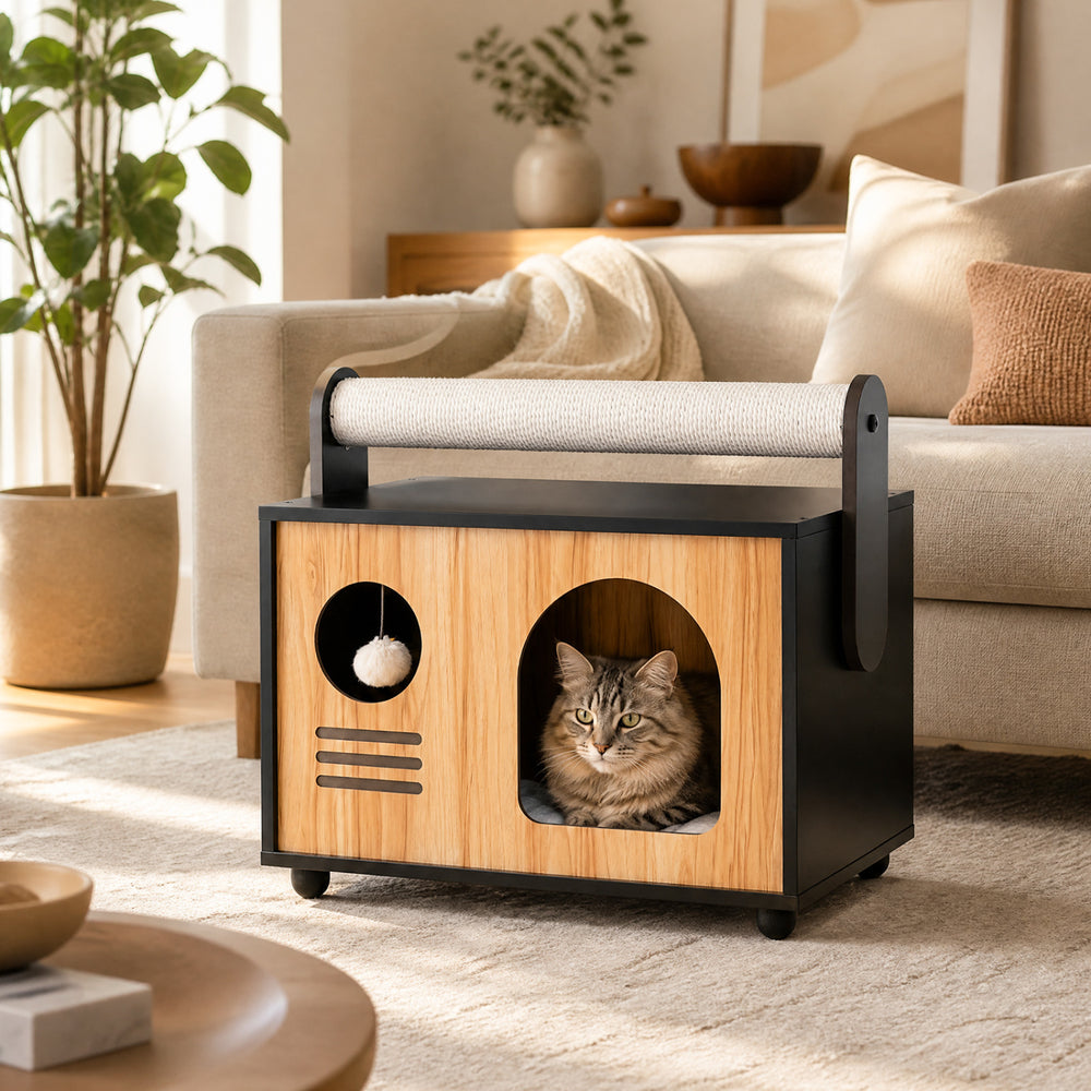 Wooden cat house with scratching post and removable cushion, designed for comfort and interactive play for your cat.