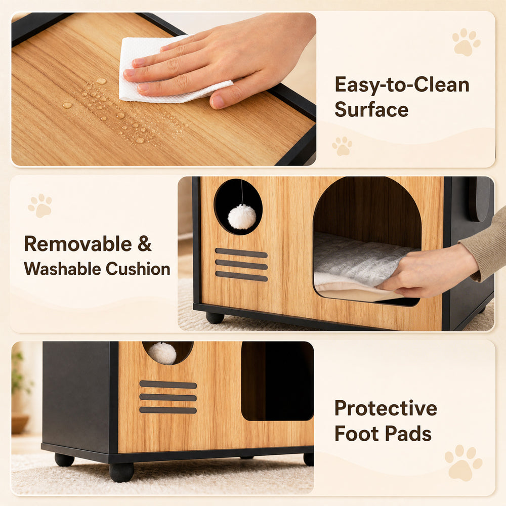 Wooden cat house featuring a waterproof surface, removable cushion, and protective foot pads for easy cleaning and floor protection.