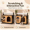 Wooden cat house with scratching post and dangling ball, featuring a waterproof surface for easy cleanup and durable design.