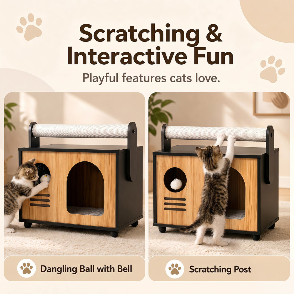 Wooden cat house with scratching post and dangling ball, featuring a waterproof surface for easy cleanup and durable design.