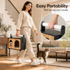 Wooden cat house with scratching post and carry handle, featuring a removable cushion for easy portability and comfort.