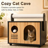 Wooden cat house with scratching post and removable cushion, providing a cozy space for cats to sleep and play.