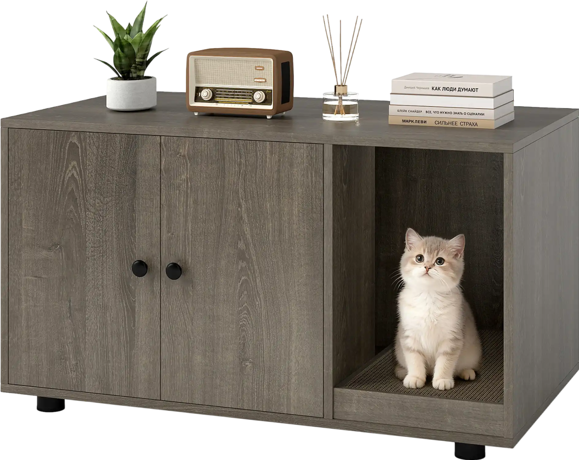 Costway Wooden Hidden Cat Litter Box Enclosure Furniture w/ Scratching Board 42132994 New