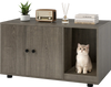Wooden cat litter box enclosure in oak finish with double doors, scratching board, and spacious tabletop for home decor.