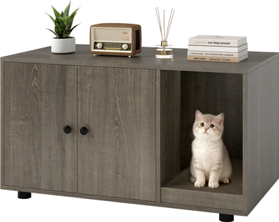 Costway Wooden Hidden Cat Litter Box Enclosure Furniture w/ Scratching Board 42132994 New