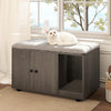 Wooden cat litter box enclosure in oak finish with removable scratching board, serving as a stylish side table.