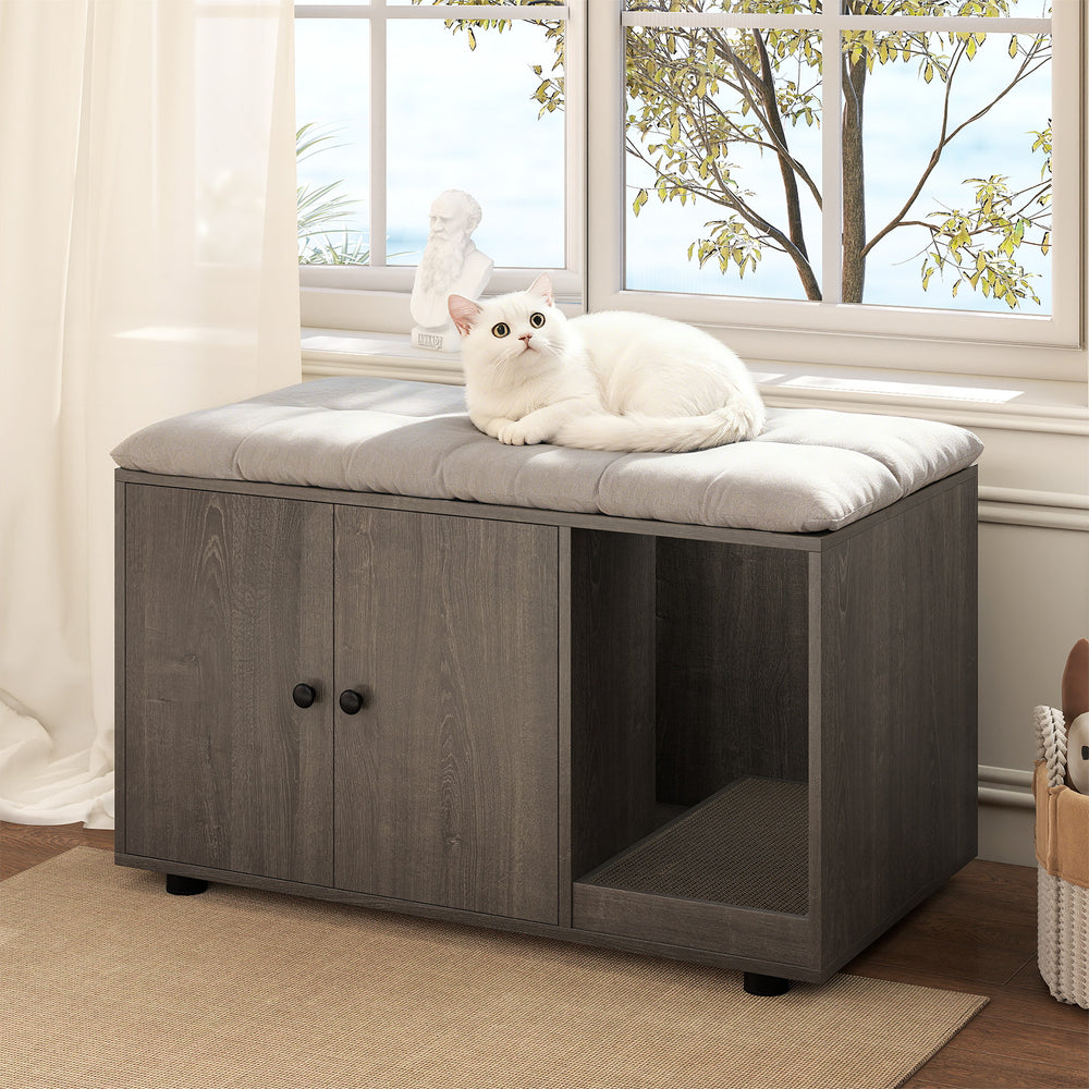Wooden cat litter box enclosure in oak finish with removable scratching board, serving as a stylish side table.