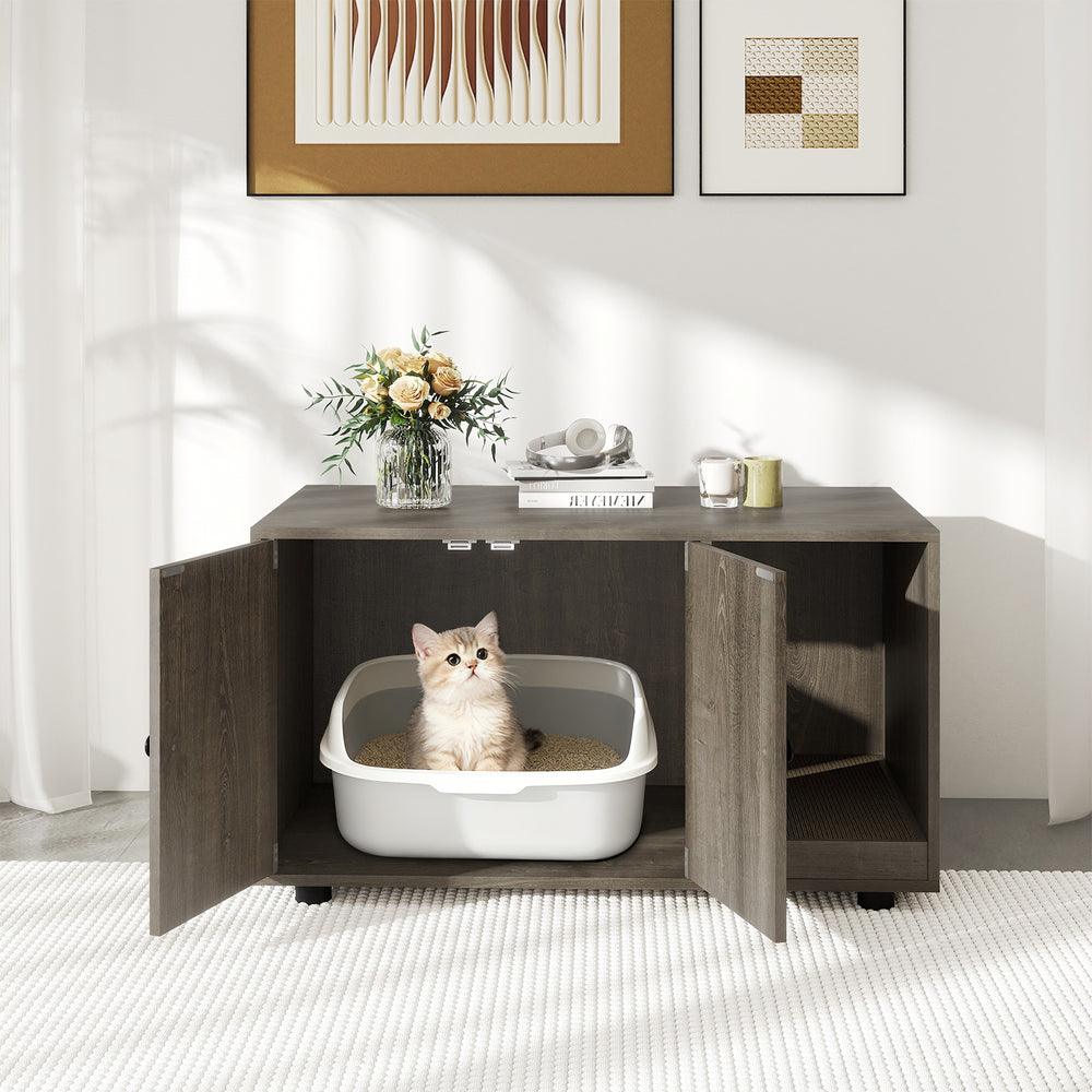 Wooden cat litter box enclosure in oak, featuring double doors and a scratching board, perfect for home decoration.