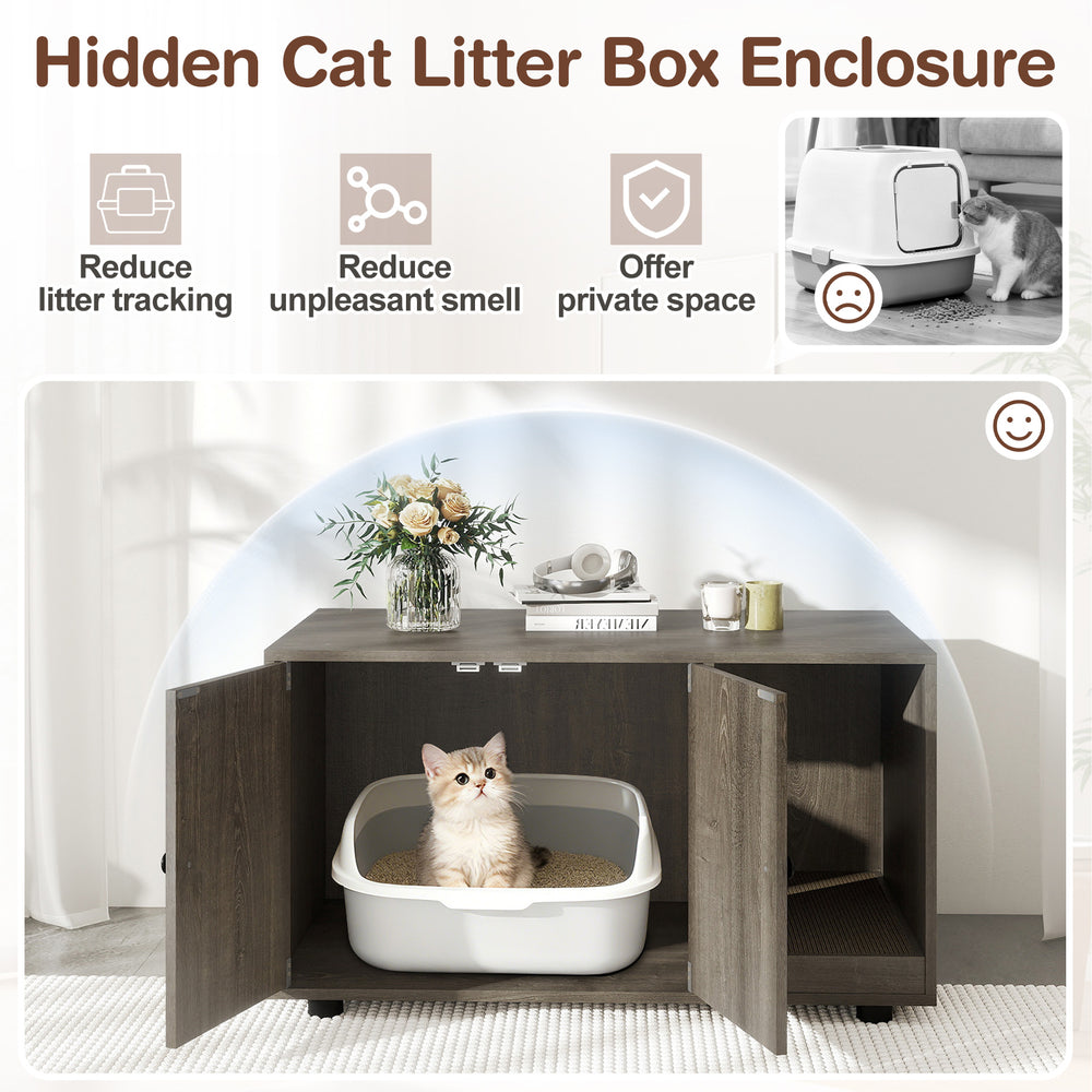 Wooden cat litter box enclosure in oak, featuring double doors and a removable scratching board for easy cleaning.