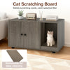 Wooden cat litter box enclosure in oak finish with scratching board, serving as stylish furniture and private restroom.