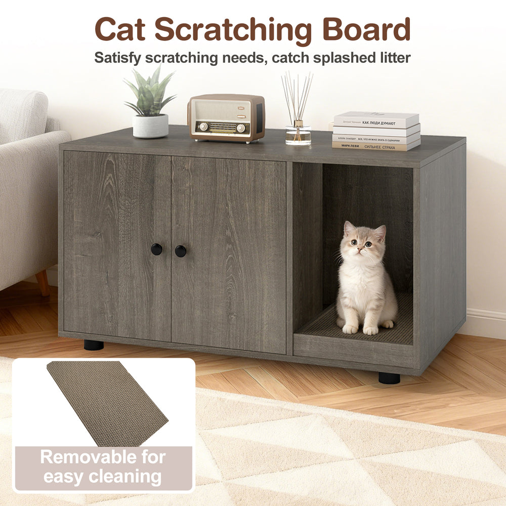 Wooden cat litter box enclosure in oak finish with scratching board, serving as stylish furniture and private restroom.