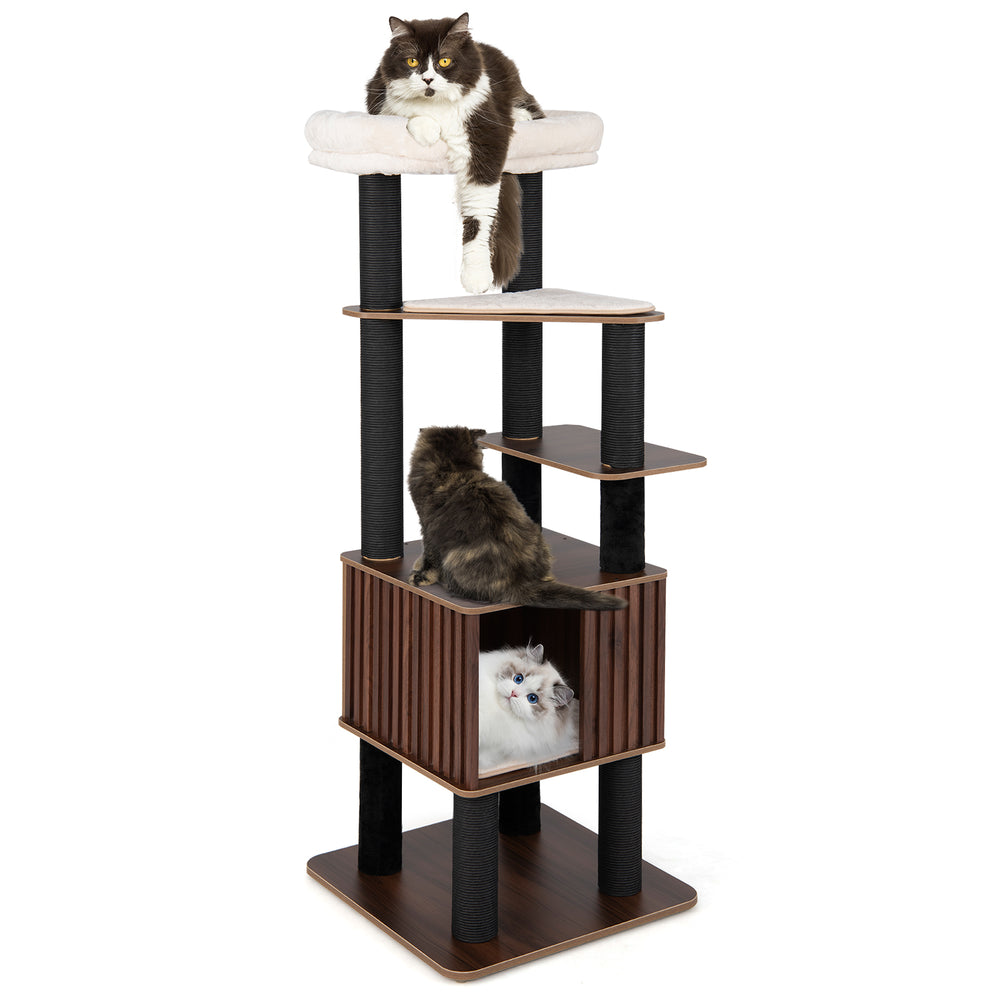 Wooden cat tower showcasing a cozy fence-style condo and multiple levels with detachable cushions for climbing and.