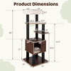 Wooden cat tower dimensions with six levels, brown finish, and soft padded top perch for climbing and lounging.